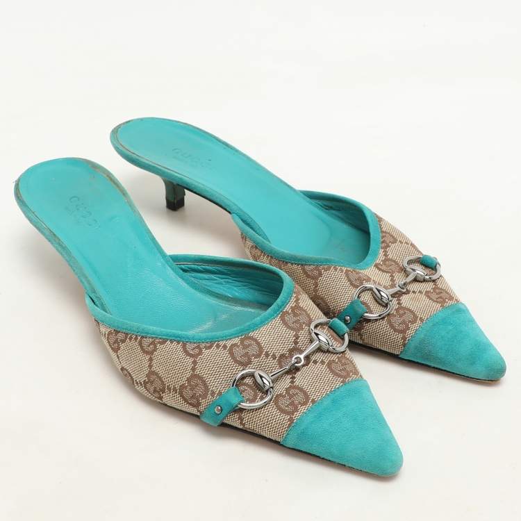 Pre Owned Gucci Blue/Beige GG Canvas and Suede Horsebit Mules Size 37.5