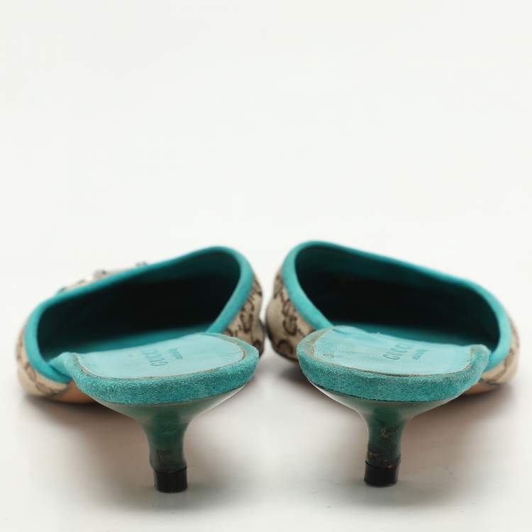 Pre Owned Gucci Blue/Beige GG Canvas and Suede Horsebit Mules Size 37.5