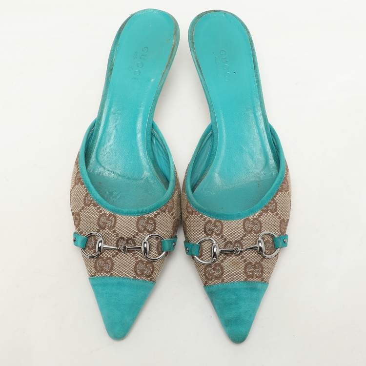 Pre Owned Gucci Blue/Beige GG Canvas and Suede Horsebit Mules Size 37.5