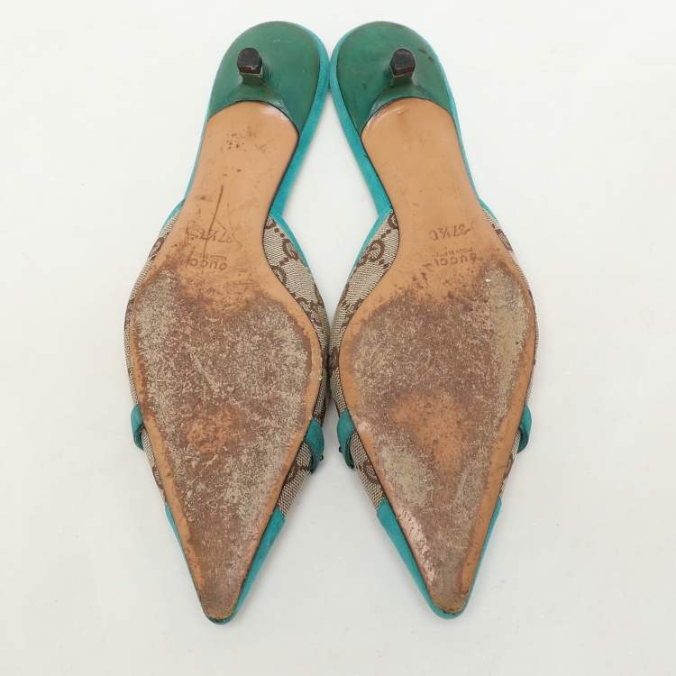 Pre Owned Gucci Blue/Beige GG Canvas and Suede Horsebit Mules Size 37.5