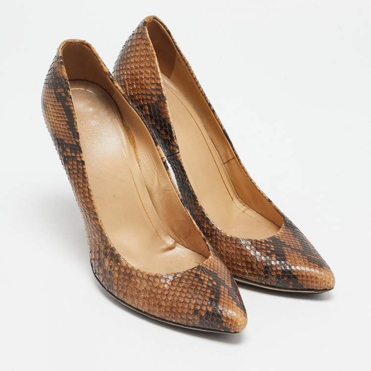 Pre Owned Gucci Brown Python Leather Pointed Toe Pumps Size 37.5