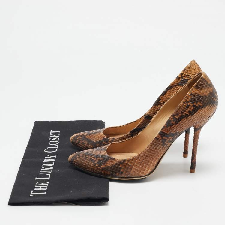Pre Owned Gucci Brown Python Leather Pointed Toe Pumps Size 37.5