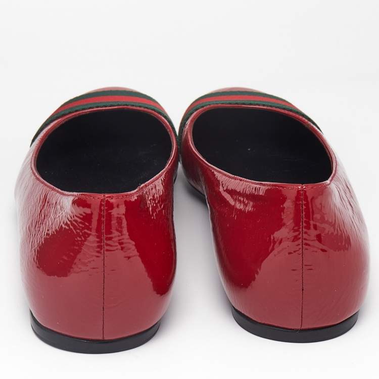 Pre Owned Gucci Dark Red Patent Leather Web Ballet Flats Size 37
