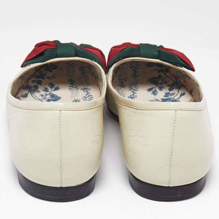 Pre Owned Gucci Off White/Black Leather Web Bow Cap Toe Ballet Flats Size 37