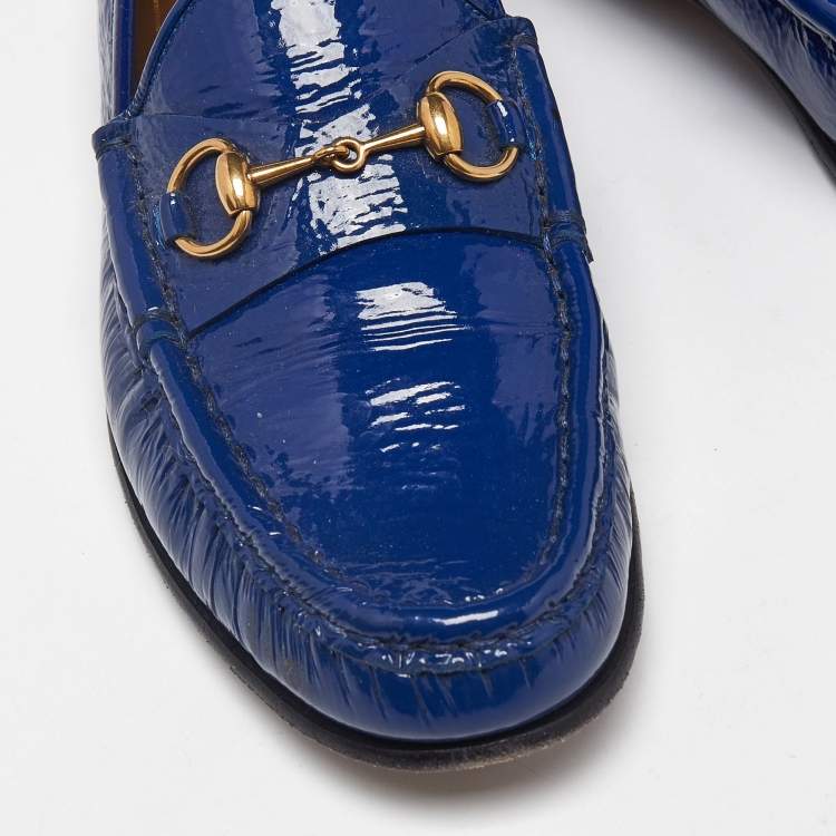 Pre Owned Gucci Blue Patent Leather 1953 Horsebit Slip On Loafers Size 37