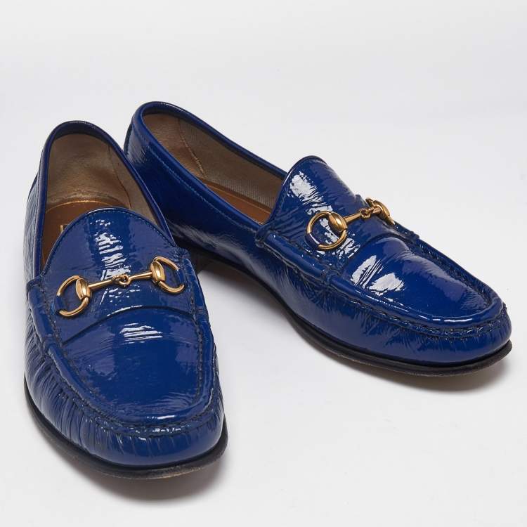 Pre Owned Gucci Blue Patent Leather 1953 Horsebit Slip On Loafers Size 37