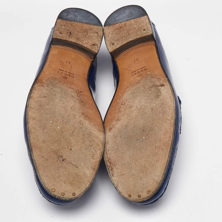Pre Owned Gucci Blue Patent Leather 1953 Horsebit Slip On Loafers Size 37