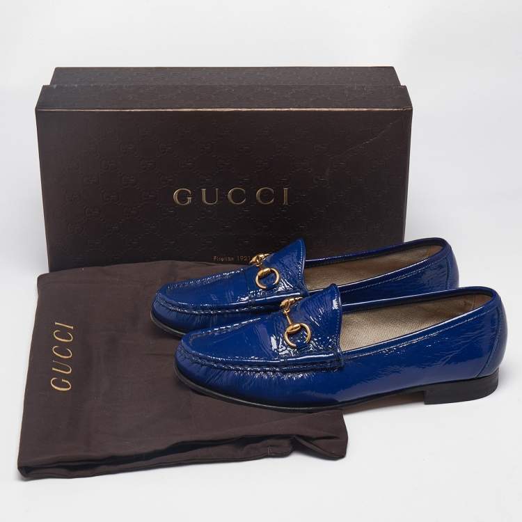 Pre Owned Gucci Blue Patent Leather 1953 Horsebit Slip On Loafers Size 37