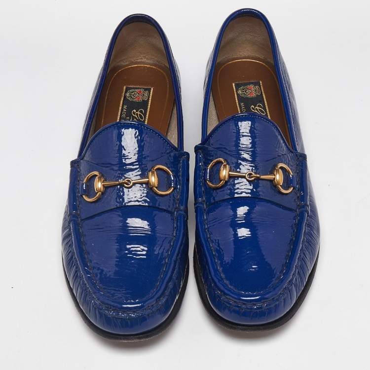Pre Owned Gucci Blue Patent Leather 1953 Horsebit Slip On Loafers Size 37