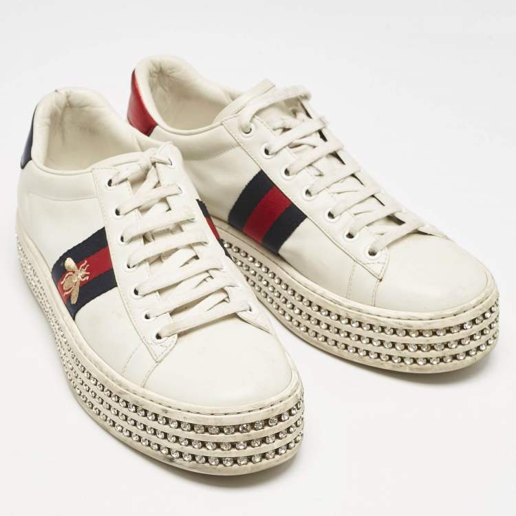 Pre Owned Gucci White Leather Embroidered Bee Crystal Embellished Platform New Ace Sneakers Size 39.5