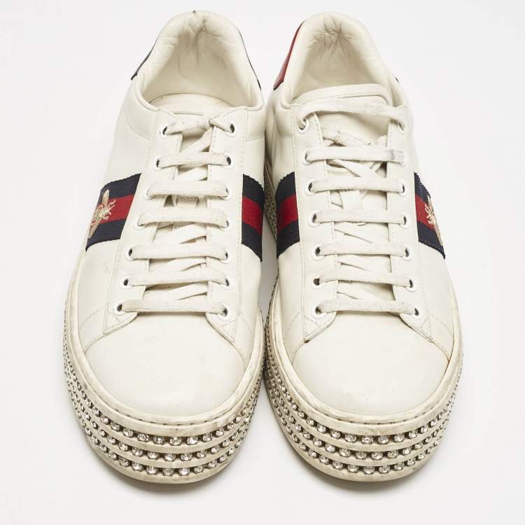 Pre Owned Gucci White Leather Embroidered Bee Crystal Embellished Platform New Ace Sneakers Size 39.5