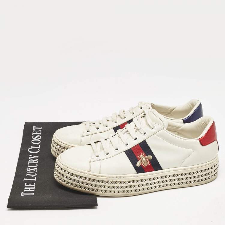 Pre Owned Gucci White Leather Embroidered Bee Crystal Embellished Platform New Ace Sneakers Size 39.5