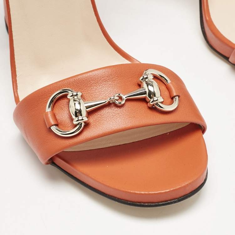 Pre Owned Gucci Orange Leather Horsebit Ankle Strap Sandals Size 38.5
