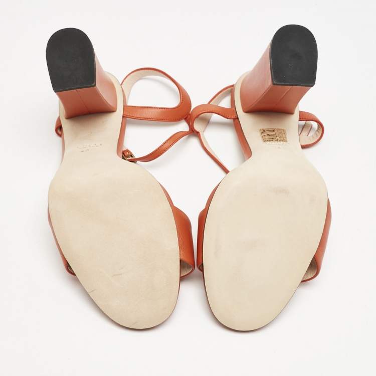 Pre Owned Gucci Orange Leather Horsebit Ankle Strap Sandals Size 38.5