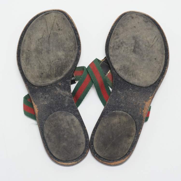 Pre Owned Gucci Black Leather and Web Interlocking G Thong Flats Size 38