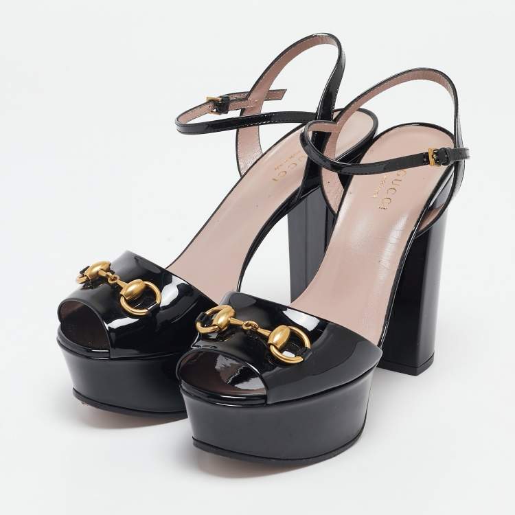 Pre Owned Gucci Black Patent Leather Horsebit Platform Ankle Strap Sandals Size 36