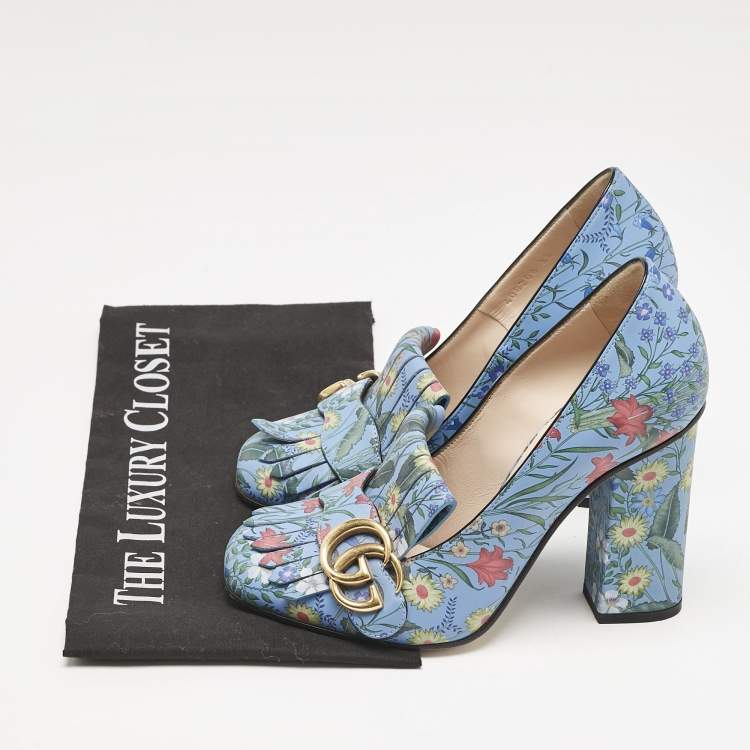 Pre Owned Gucci Blue Floral Print Leather GG Marmont Fringe Pumps Size 36