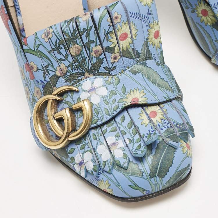 Pre Owned Gucci Blue Floral Print Leather GG Marmont Fringe Pumps Size 36