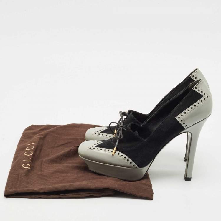 Pre Owned Gucci Black/Grey Suede and Leather Oxford Lace Platform Pumps Size 39