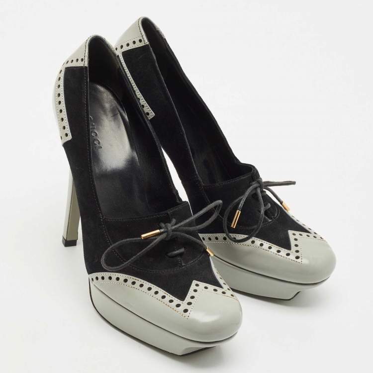 Pre Owned Gucci Black/Grey Suede and Leather Oxford Lace Platform Pumps Size 39
