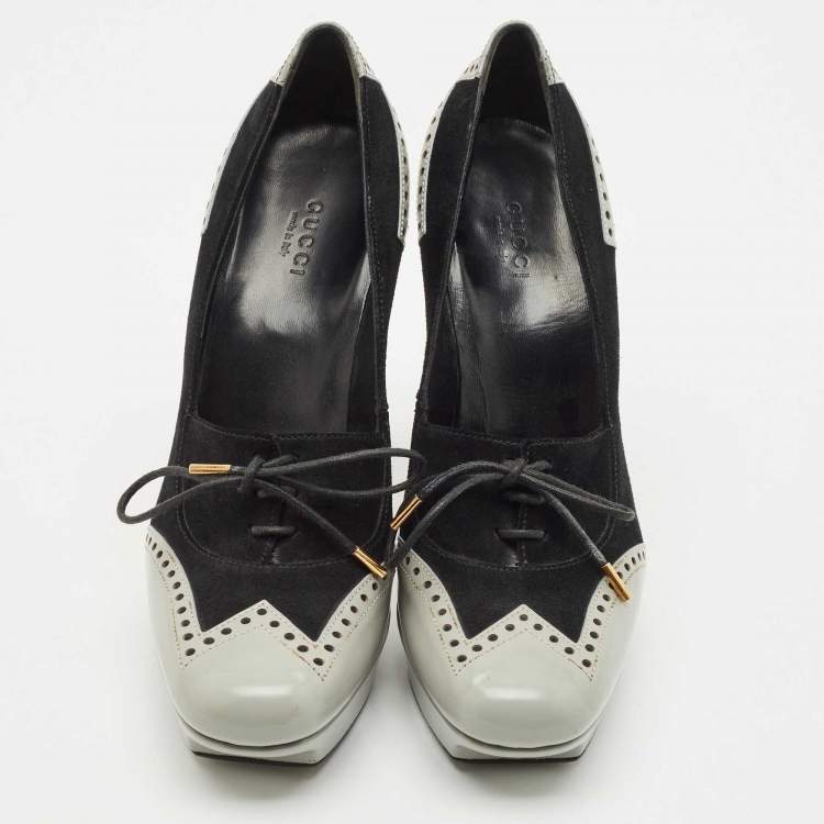 Pre Owned Gucci Black/Grey Suede and Leather Oxford Lace Platform Pumps Size 39