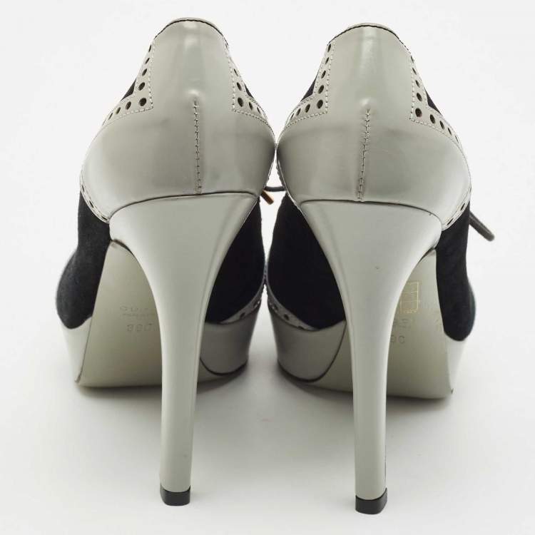 Pre Owned Gucci Black/Grey Suede and Leather Oxford Lace Platform Pumps Size 39