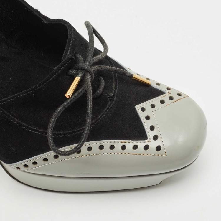 Pre Owned Gucci Black/Grey Suede and Leather Oxford Lace Platform Pumps Size 39