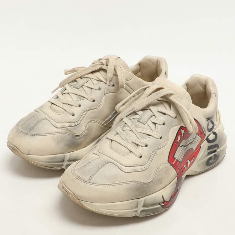 Pre Owned Gucci Off White Leather Rhyton Sneakers Size 41.5