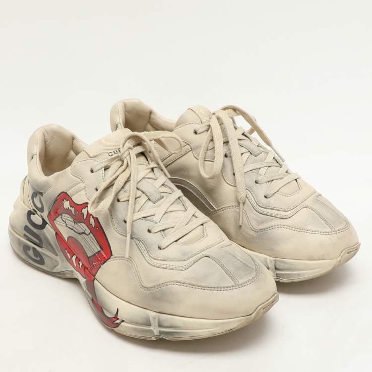 Pre Owned Gucci Off White Leather Rhyton Sneakers Size 41.5