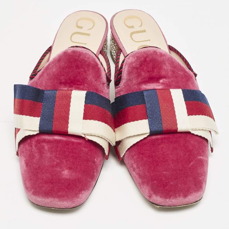 Pre Owned Gucci Pink Velvet Sylvie Bow Mules Size 37.5