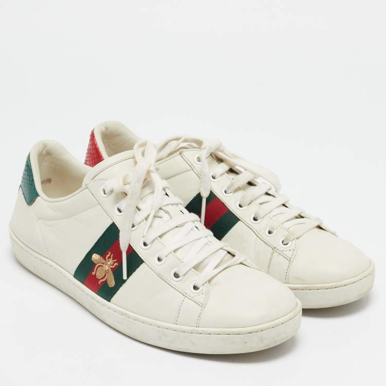 Pre Owned Gucci White Leather Bee Embroidered Ace Sneakers Size 39