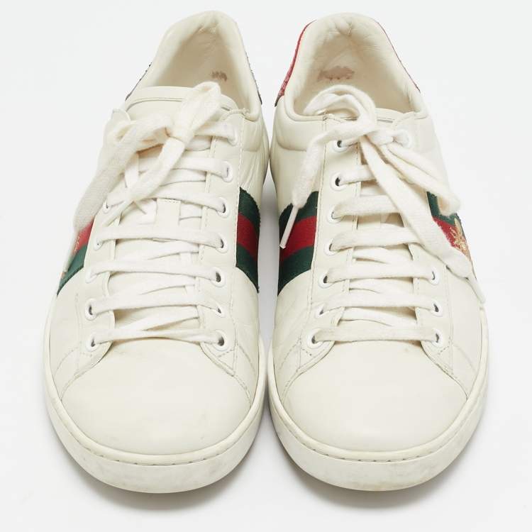 Pre Owned Gucci White Leather Bee Embroidered Ace Sneakers Size 39