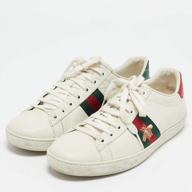 Pre Owned Gucci White Leather Bee Embroidered Ace Sneakers Size 39