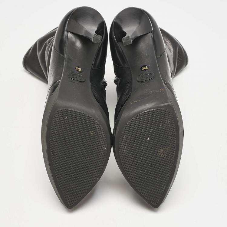 Pre Owned Gucci Black Leather Zipped Ankle Length Boots Size 36.5