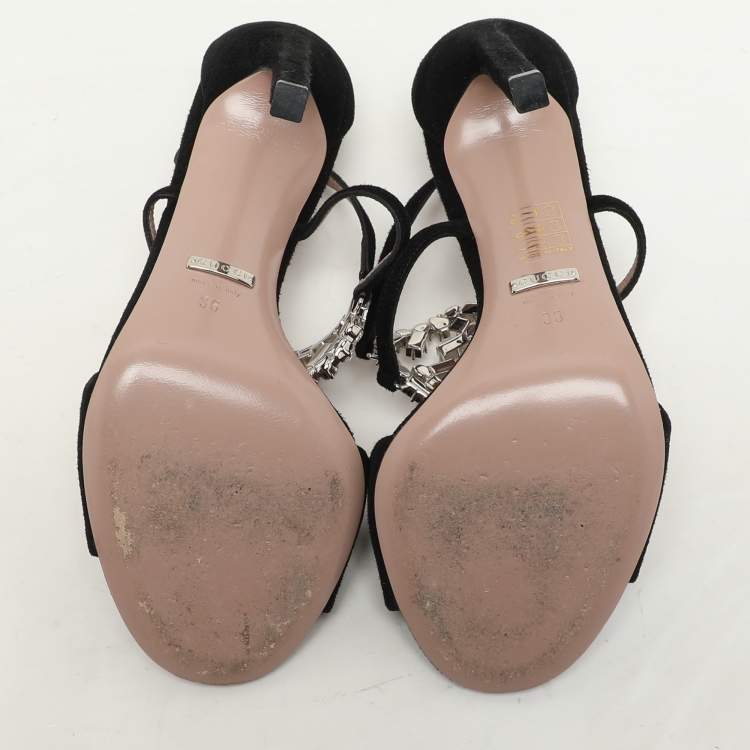 Pre Owned Gucci Black Suede Crystal Embellished GG Interlock Ankle Strap Sandals Size 36