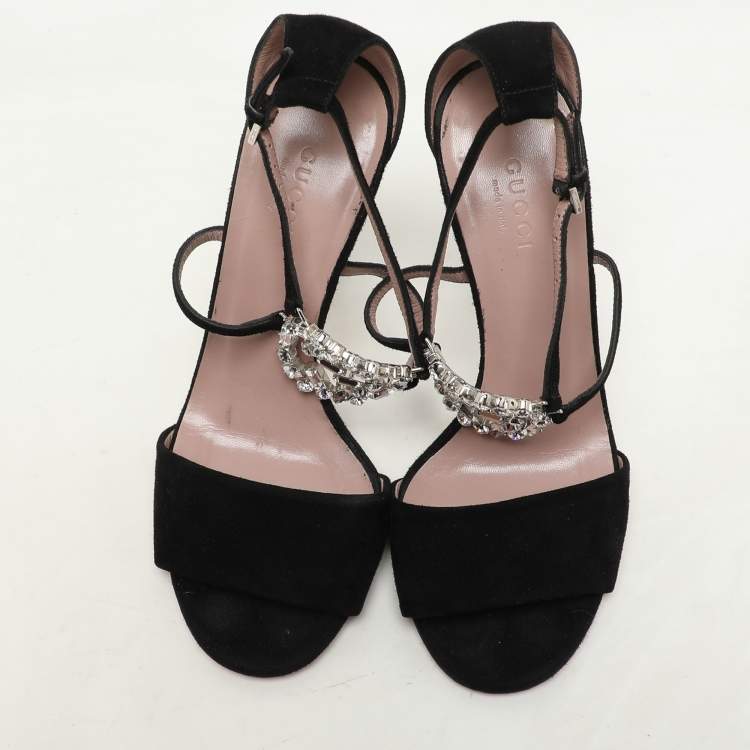 Pre Owned Gucci Black Suede Crystal Embellished GG Interlock Ankle Strap Sandals Size 36