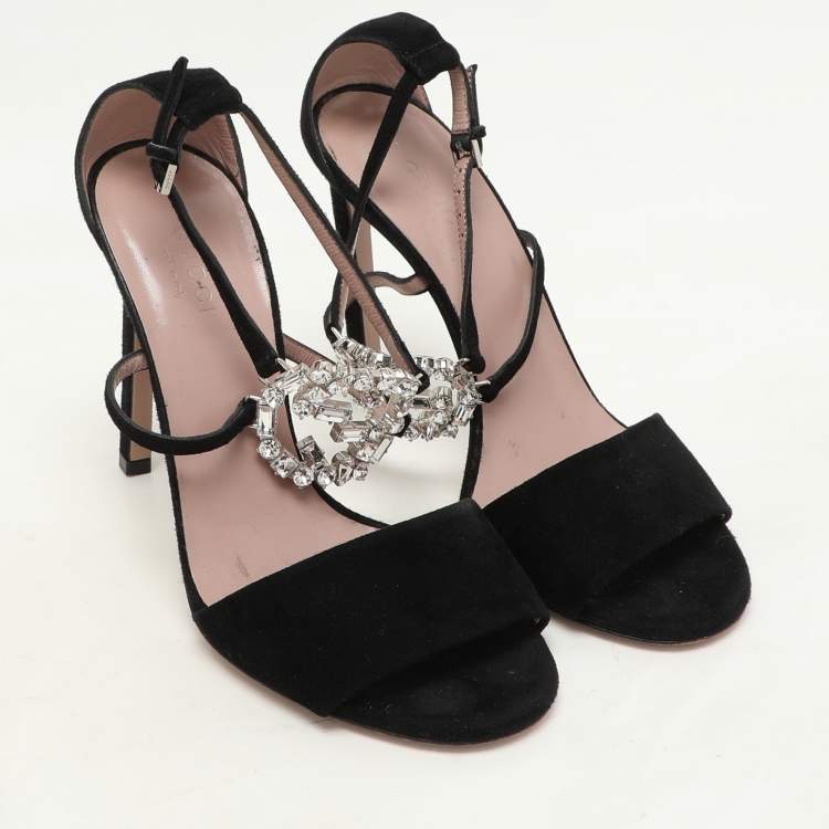 Pre Owned Gucci Black Suede Crystal Embellished GG Interlock Ankle Strap Sandals Size 36