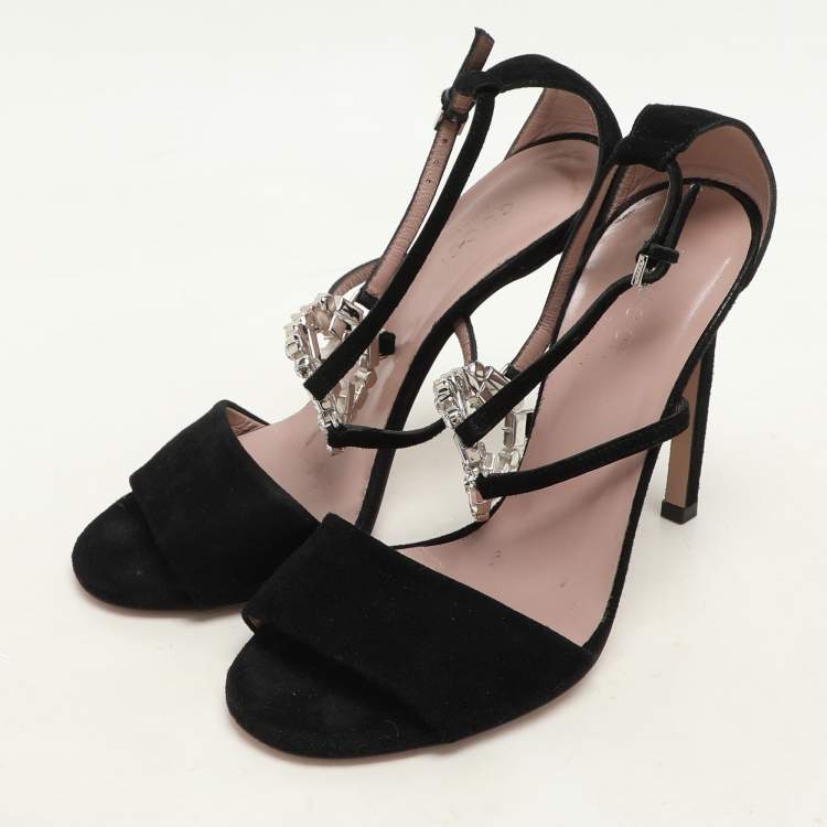 Pre Owned Gucci Black Suede Crystal Embellished GG Interlock Ankle Strap Sandals Size 36