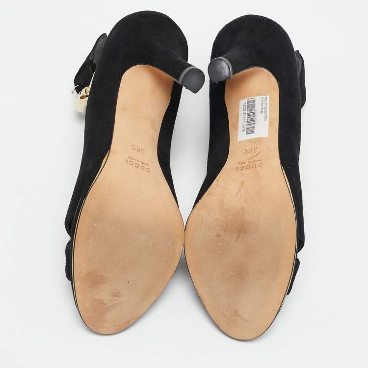 Pre Owned Gucci Black Suede Peep Toe Ankle Strap Pumps Size 36