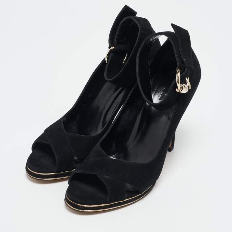 Pre Owned Gucci Black Suede Peep Toe Ankle Strap Pumps Size 36