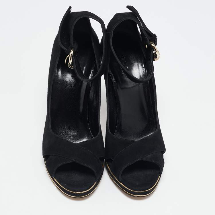 Pre Owned Gucci Black Suede Peep Toe Ankle Strap Pumps Size 36