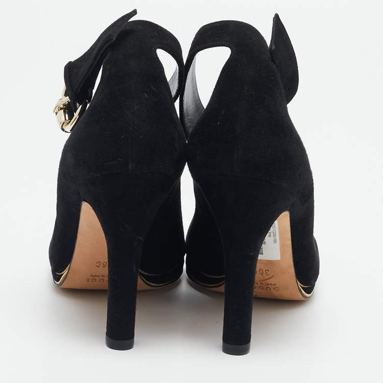 Pre Owned Gucci Black Suede Peep Toe Ankle Strap Pumps Size 36