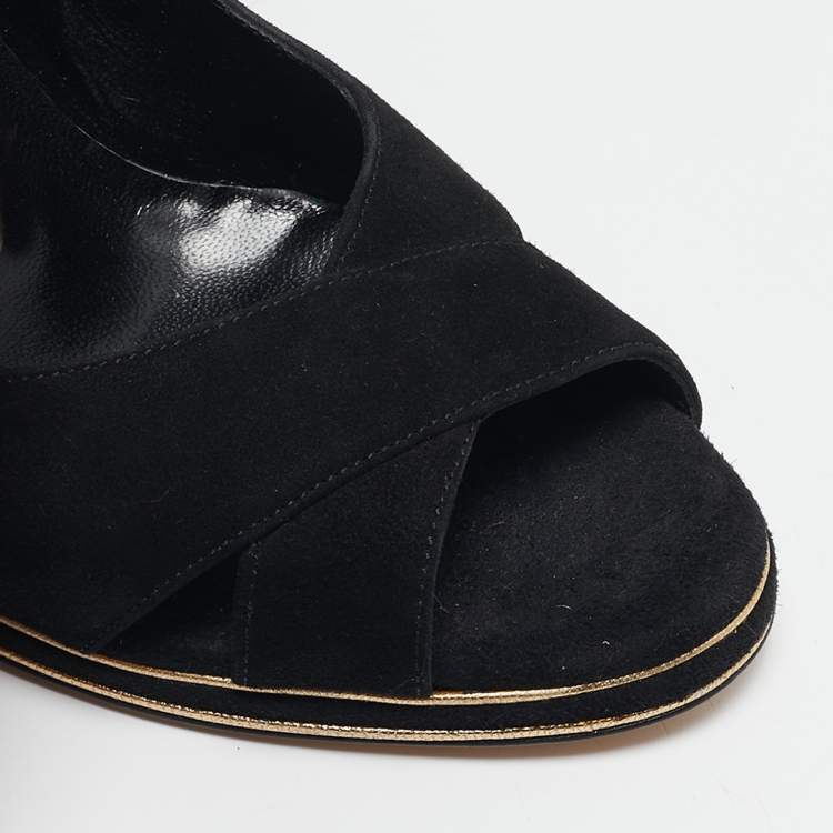 Pre Owned Gucci Black Suede Peep Toe Ankle Strap Pumps Size 36