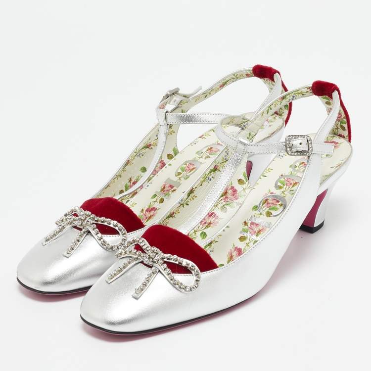 Pre Owned Gucci Silver/Red Leather and Velvet Anita Pumps Size 39.5