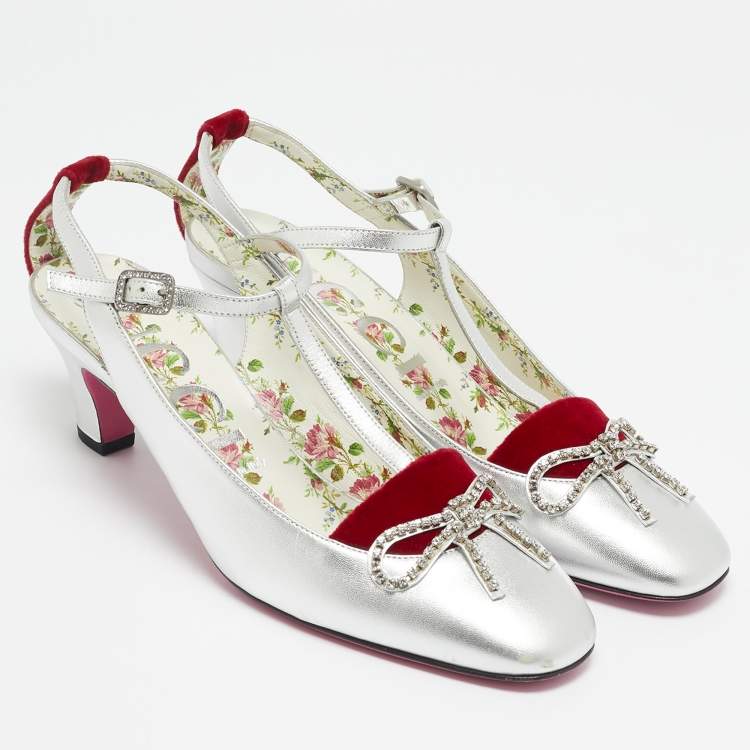 Pre Owned Gucci Silver/Red Leather and Velvet Anita Pumps Size 39.5