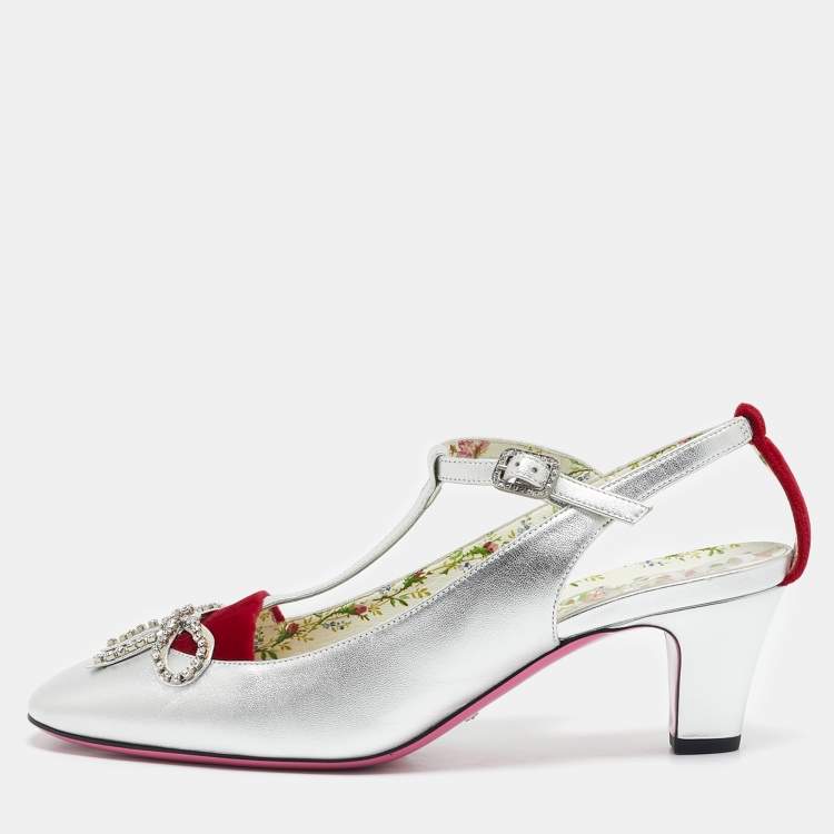 Pre Owned Gucci Silver/Red Leather and Velvet Anita Pumps Size 39.5