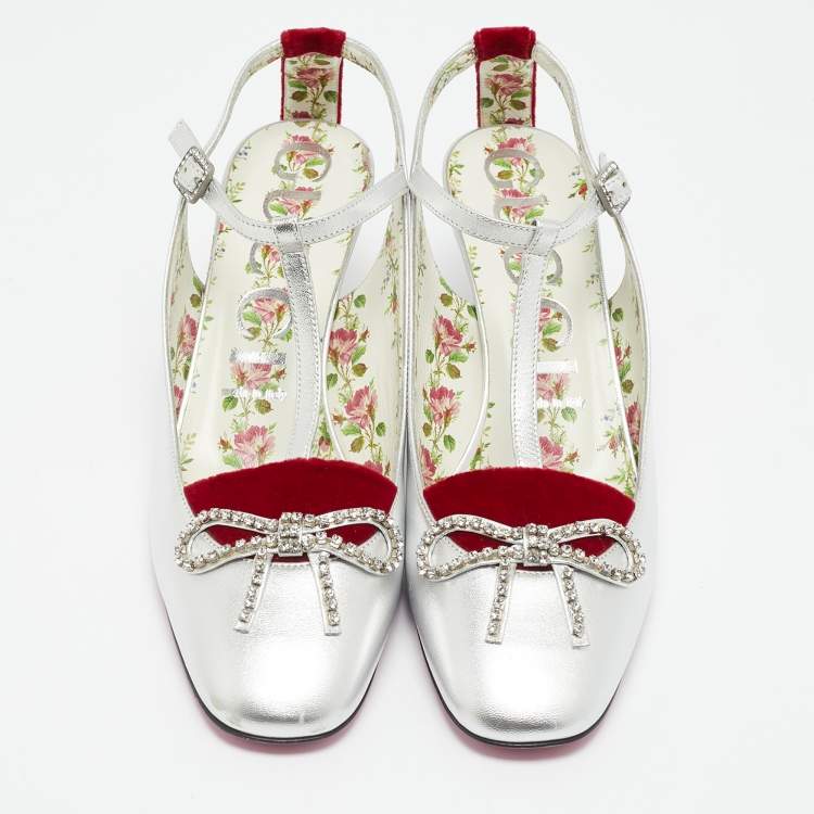 Pre Owned Gucci Silver/Red Leather and Velvet Anita Pumps Size 39.5
