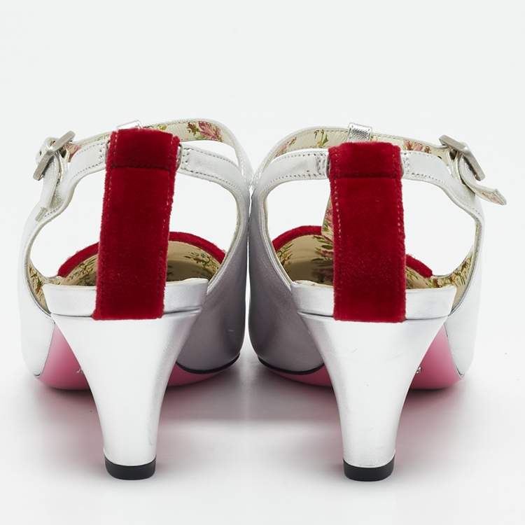 Pre Owned Gucci Silver/Red Leather and Velvet Anita Pumps Size 39.5