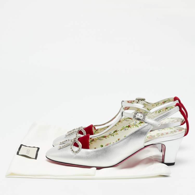 Pre Owned Gucci Silver/Red Leather and Velvet Anita Pumps Size 39.5