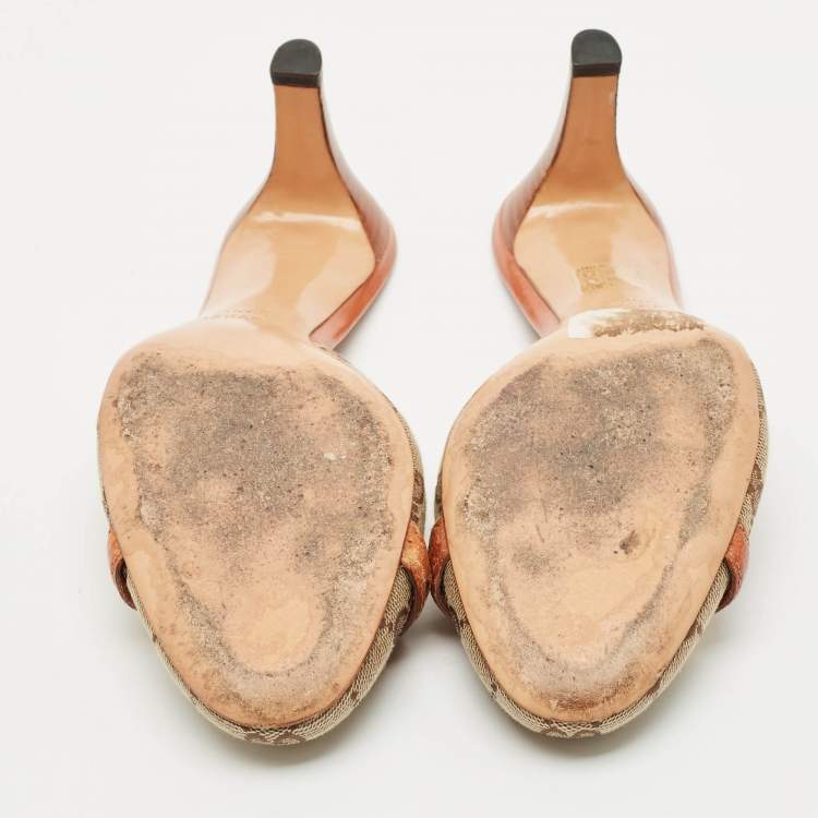 Pre Owned Gucci Grey/Brown Canvas and Leather Mules Size 38.5